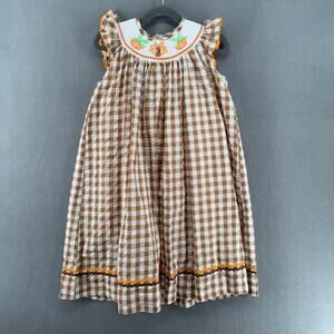Lil Cactus Brown Gingham Pumpkin Turkey Smocked Bishop Dress 6Y Thanksgiving